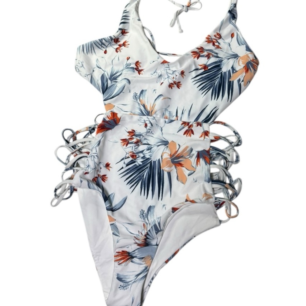LSpace Fire Trippi Bird of Paradise 1 Piece Cut Out Halter Blue & Orange Swim 12 - Picture 3 of 8